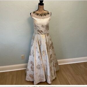 Vintage Brocade ball gown wedding  dress formal Prom Bridal Gown metallic gold